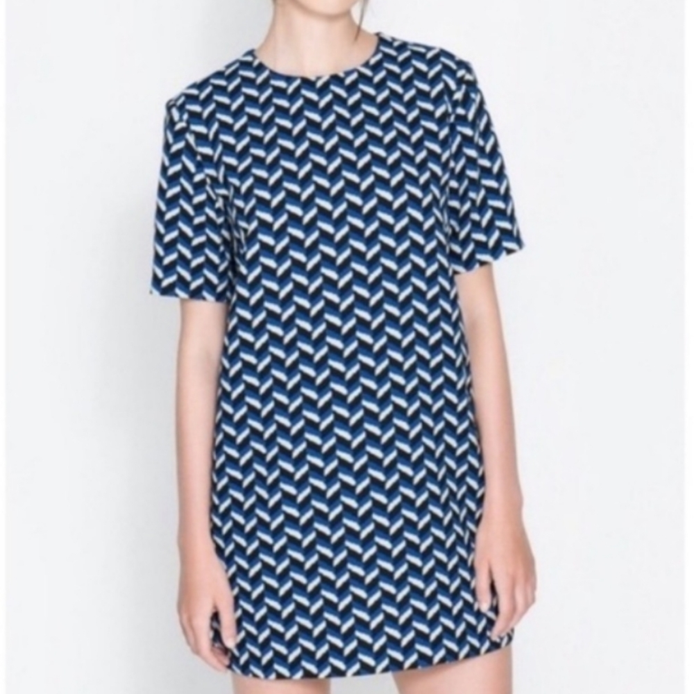 Zara Woman Blue Geometric Chevron Abstract Retro Style Mini Shift Dress Small